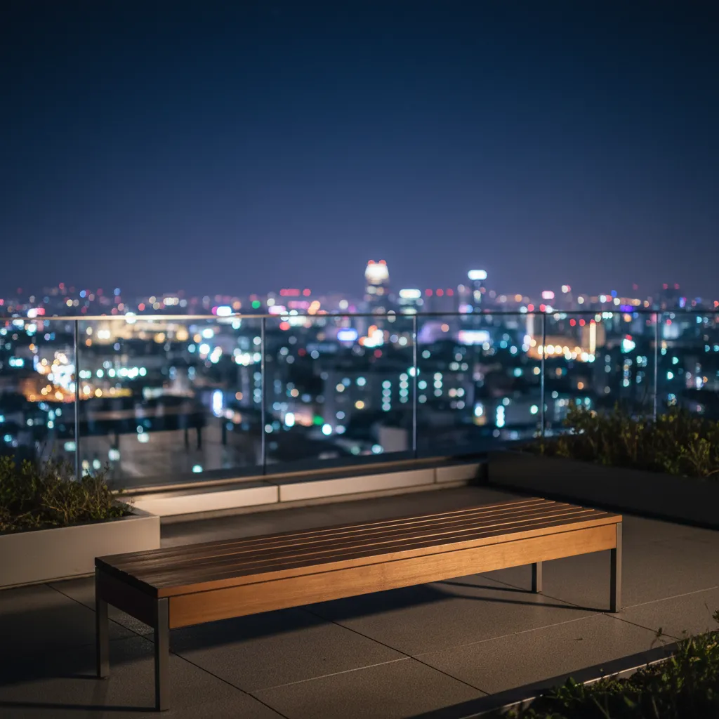 Empty wooden bench on a Seoul rooftop at night with bokeh neon city lights resembling stars.
