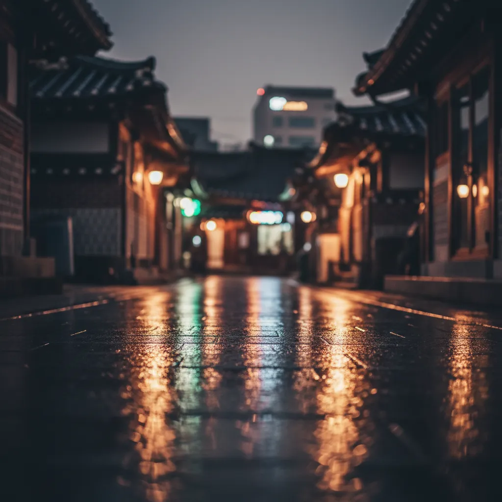 Seoul street vibe at night, reinforcing modern K‑culture atmosphere