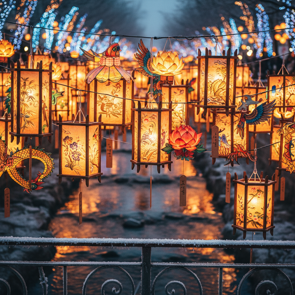 Detailed lantern ornamentation over Cheonggyecheon stream highlighting the festive winter light atmosphere