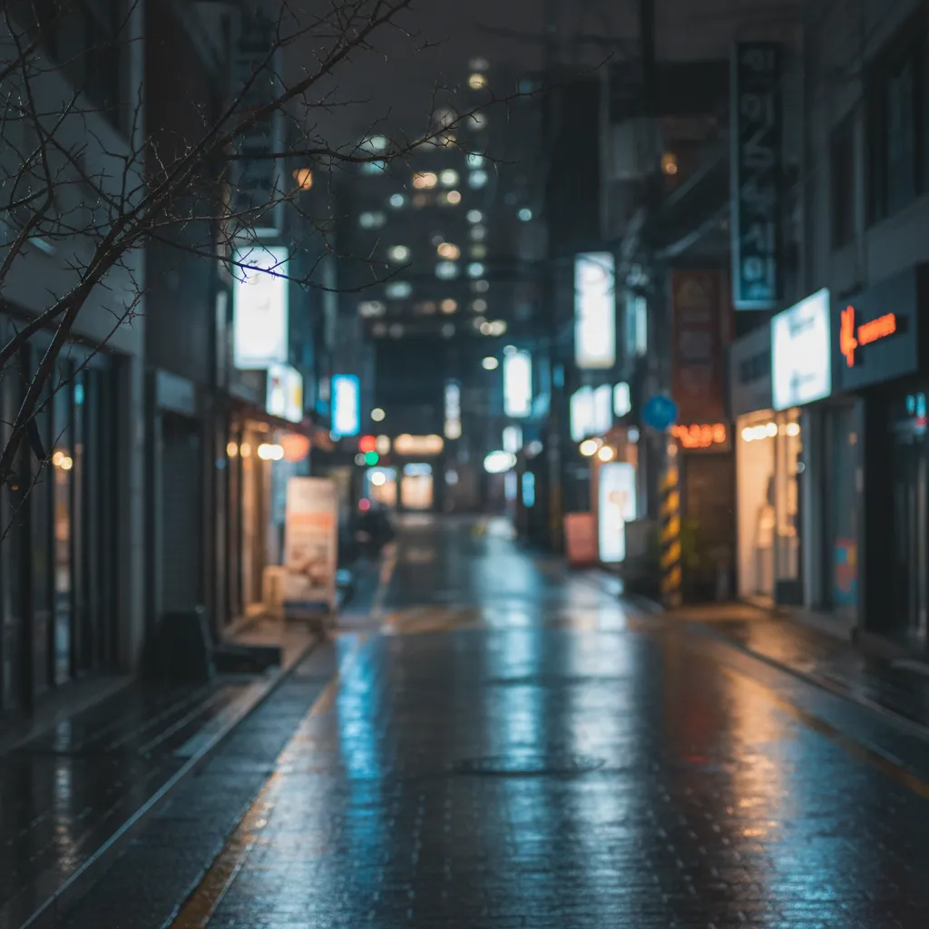 Seoul night alley with thorn-tree branch reflection, mood for TXT comeback