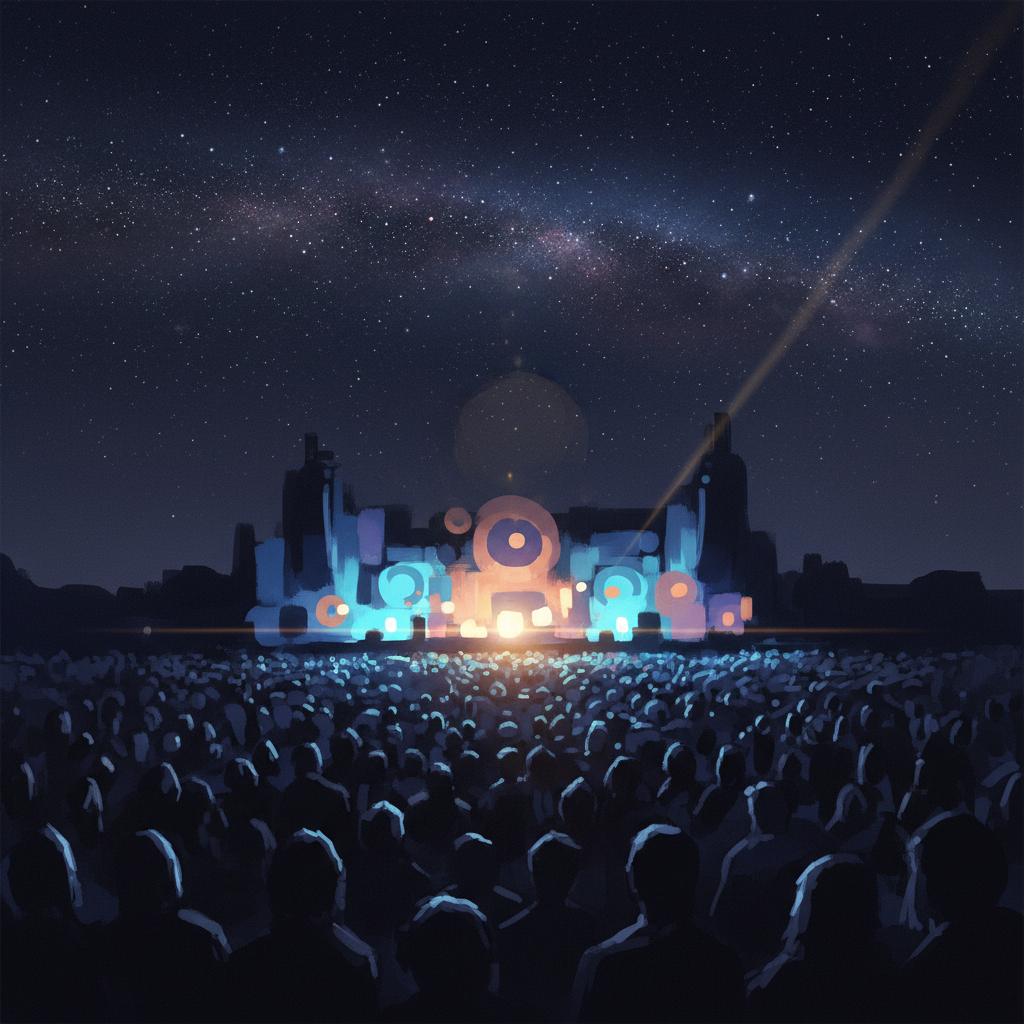 Supporting image of a faceless night concert crowd under stars and stage lights, conveying a hopeful mood