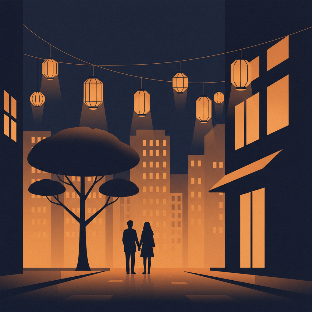 Silhouette of a couple under a tree on a Seoul night street, conveying romantic mood of the drama