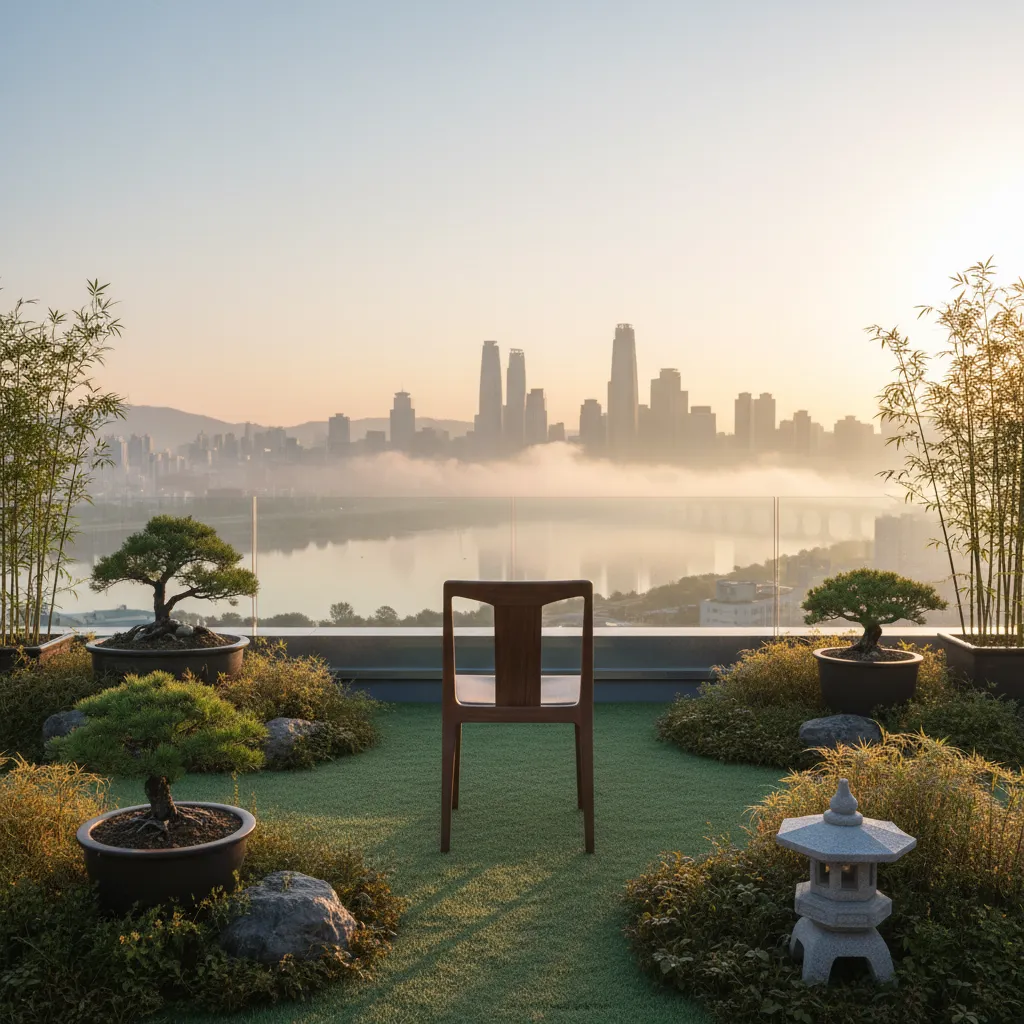 Rooftop garden with a lone chair overlooking the Han River at sunrise, conveying the contemplative mood of Mark's transition.
