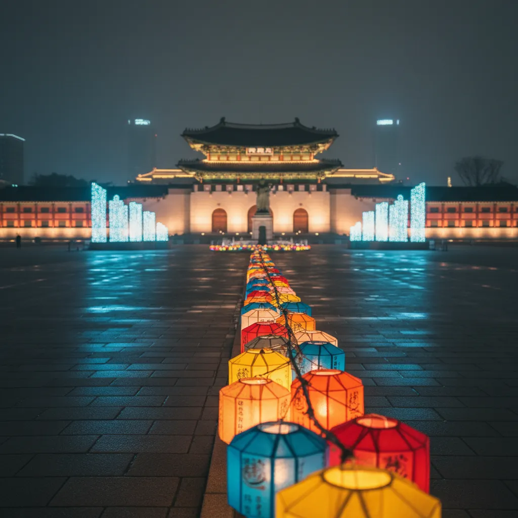 Gwanghwamun Square at night with lanterns and soft lighting, representing the upcoming comeback concert