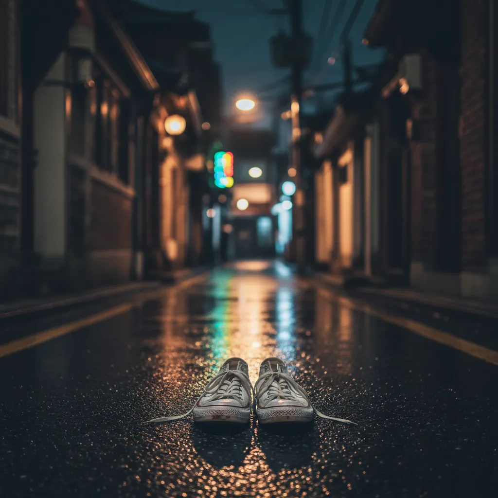 Empty Seoul alley at night with neon bokeh and sneakers, conveying anticipation for LE SSERAFIM's April release