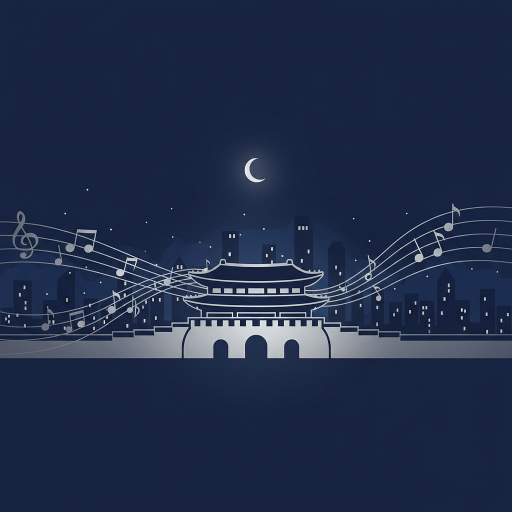 BTS is Back! A Magical Night with Jimin and the Group at Gwanghwamun Square 3 Night cityscape of Seoul with Gwanghwamun Gate silhouette and musical bars.