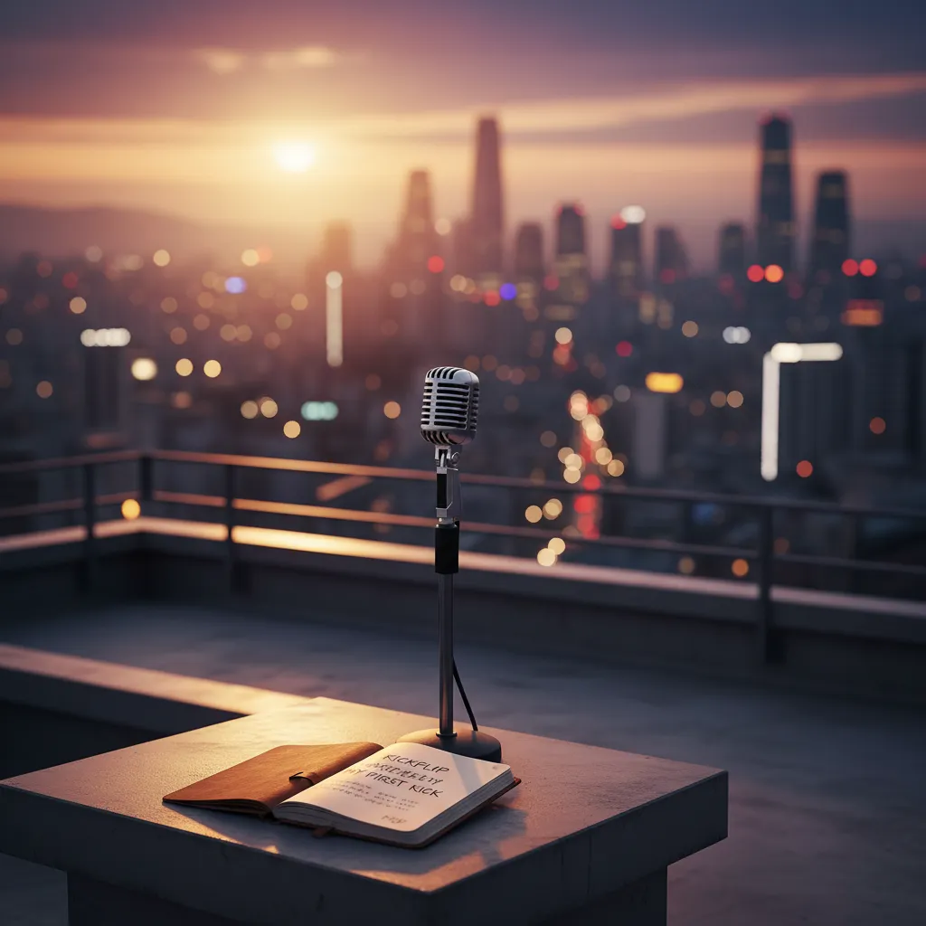 Rooftop view of Seoul at dusk with a vintage microphone, conveying the celebratory atmosphere of the album’s success.