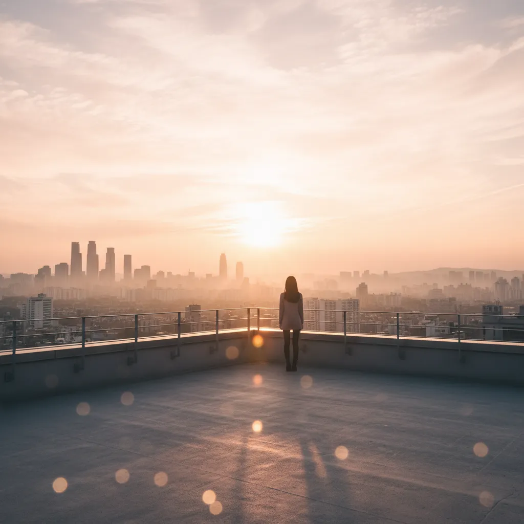 Silhouette of a figure on a Seoul rooftop overlooking a sunrise cityscape.