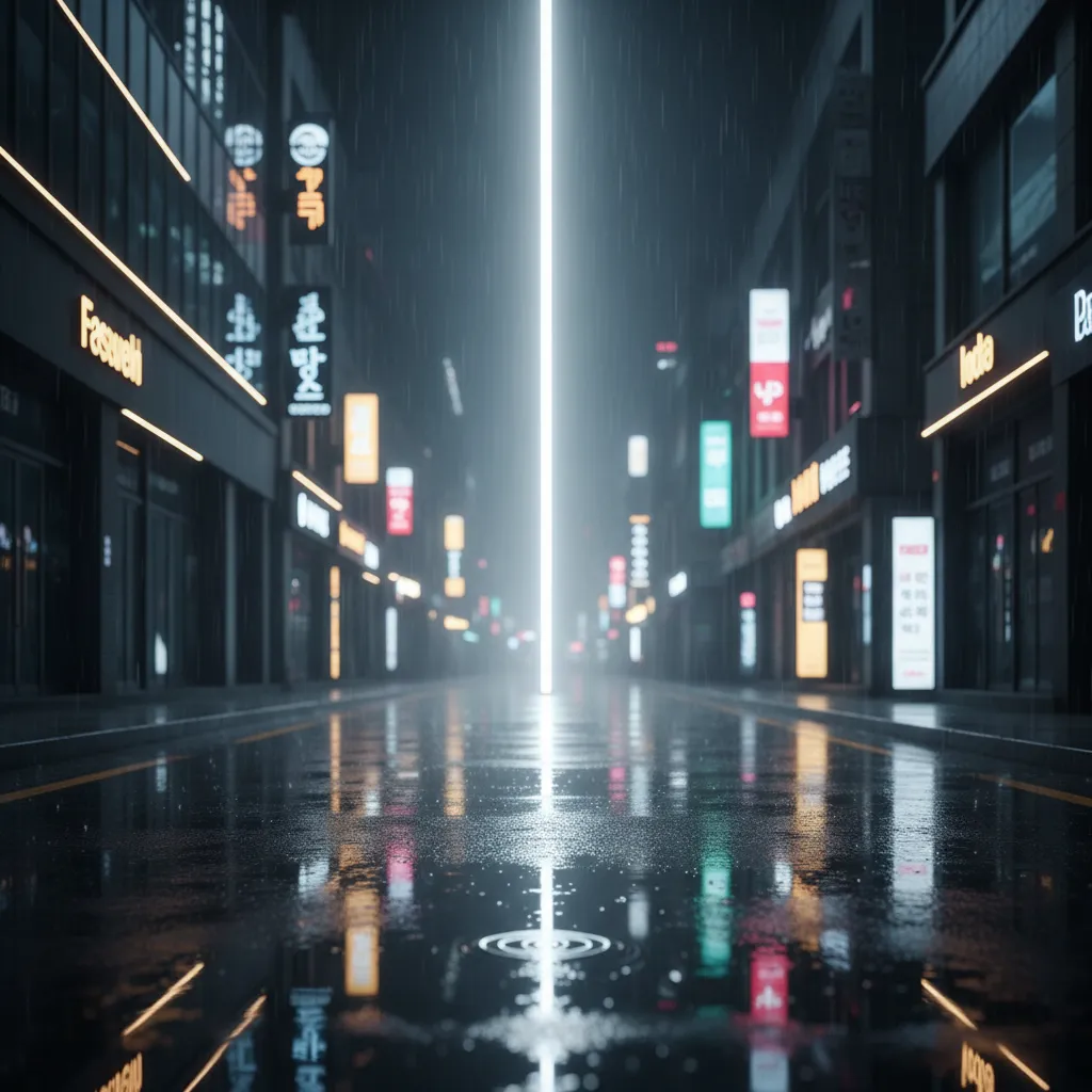 Rainy Seoul street at night with neon reflections and a spotlight beam