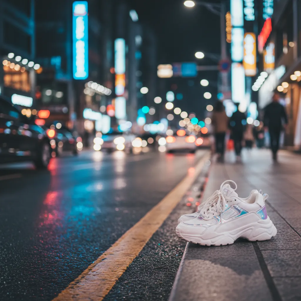 Nighttime Seoul street with neon reflections and sneakers, evoking the energetic atmosphere of LE SSERAFIM's comeback.