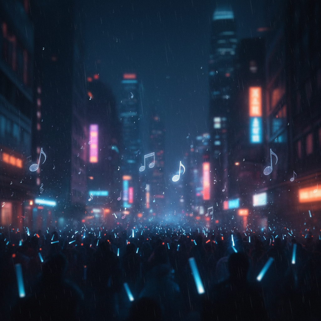 Supporting image conveying the excited atmosphere of fans anticipating Stray Kids' new single, with a neon cityscape and musical ambience