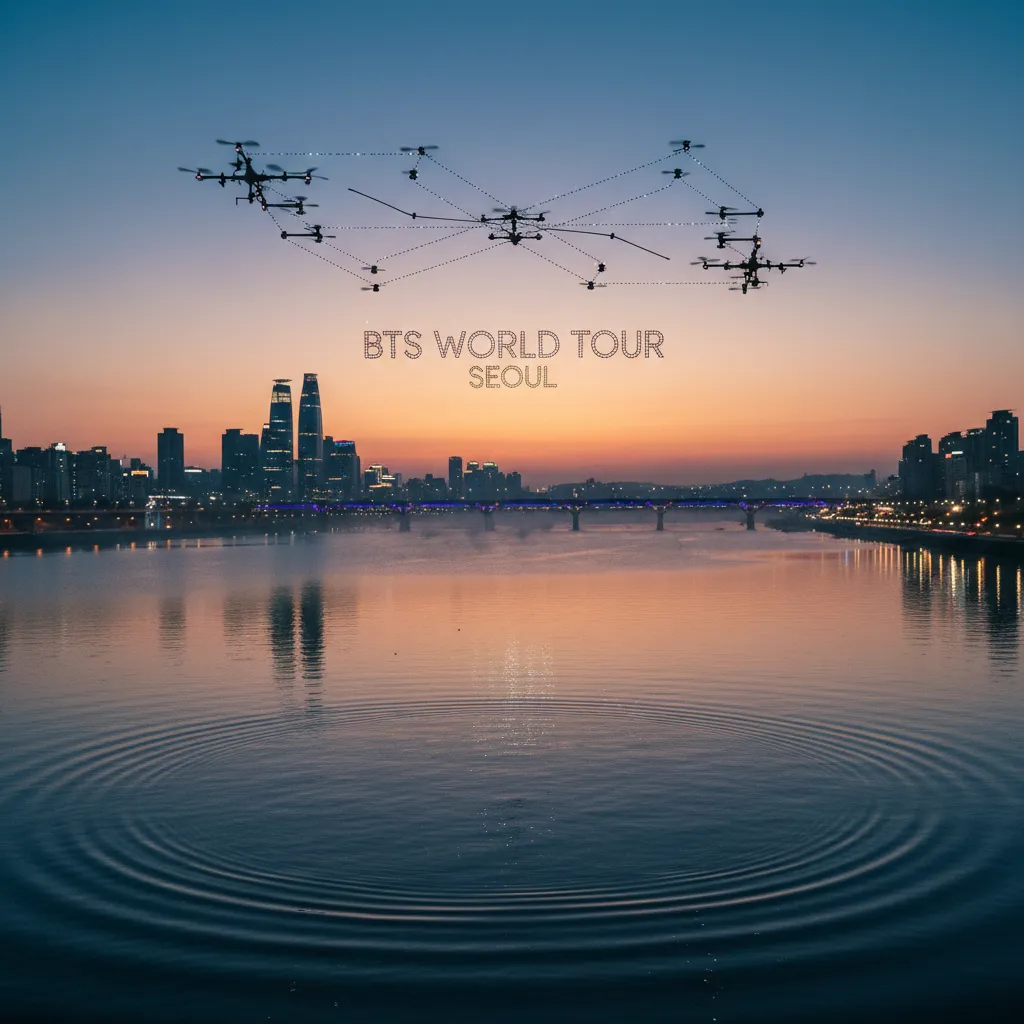 Han River at twilight with drone light patterns reflected on the water