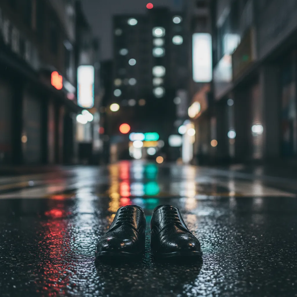 Rain‑slicked Seoul alley at night with blurred neon reflections and a pair of dress shoes on wet pavement, conveying tension and mood