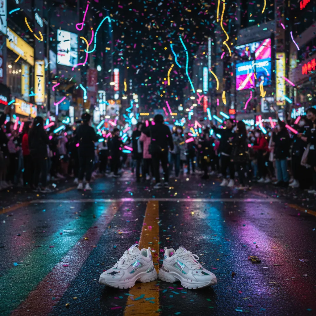 Blurred night street celebration with light sticks and confetti, reinforcing the addictive, festive vibe of Le Sserafim's Celebration comeback