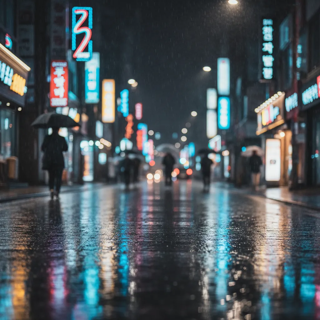 Neon‑lit wet Seoul street at night, reflecting modern K‑culture atmosphere