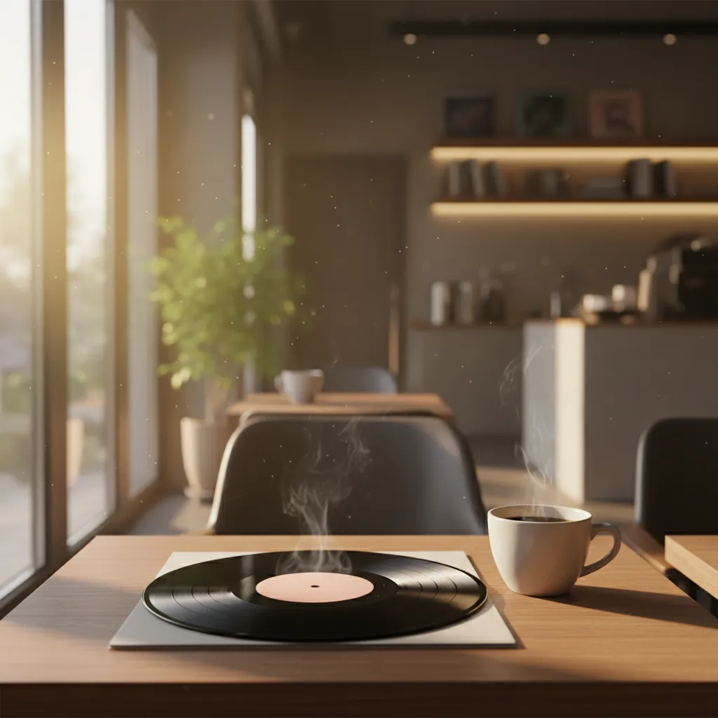 A tranquil café scene with a vinyl record and coffee, evoking the anticipation and mood of Park Ji-hoon's upcoming solo return