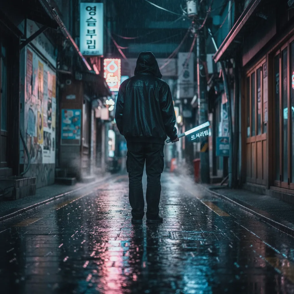 Rainy Seoul alley with neon reflections and a back-view figure with a light stick, conveying anticipation for Le Sserafim's comeback