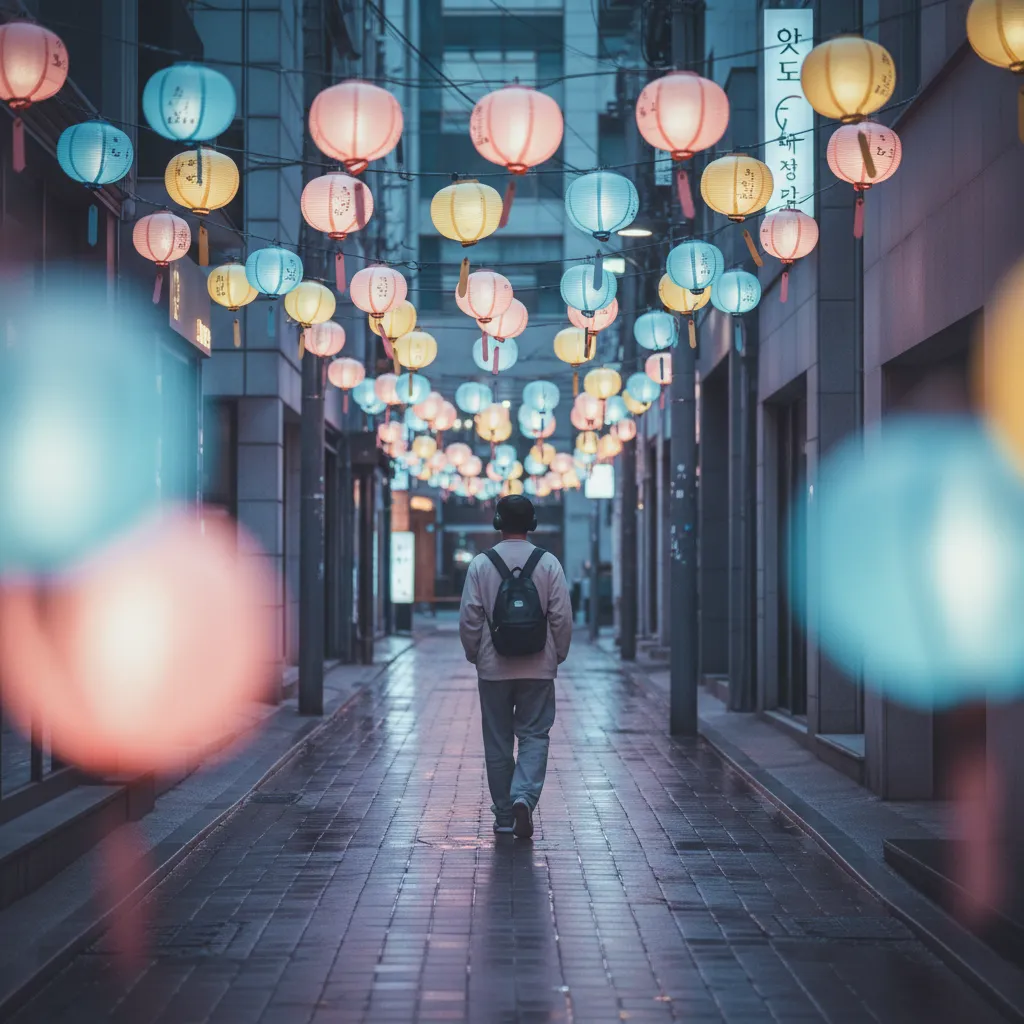A solitary figure walking down a quiet Seoul alley at dusk, conveying reflective mood of album preview