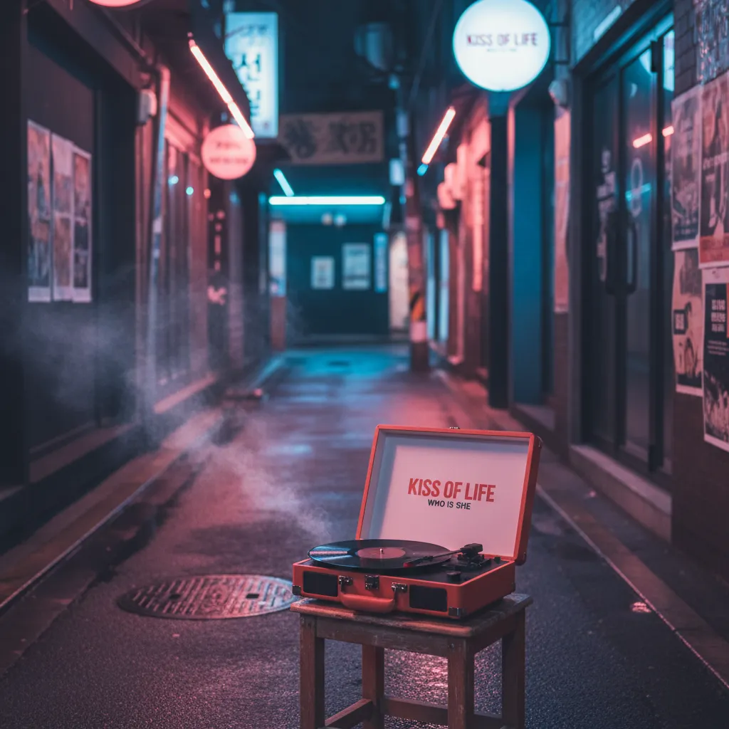 Empty Hongdae alley with neon lights and a vintage record player