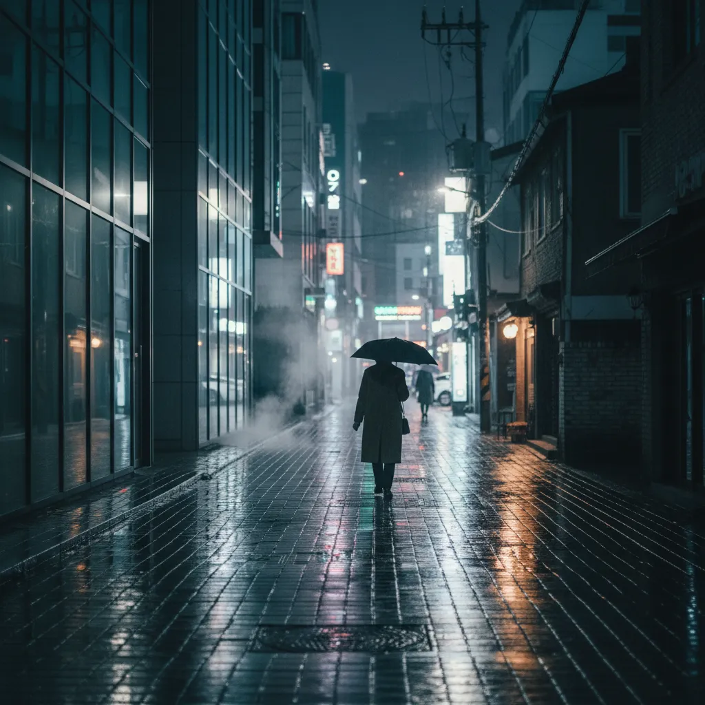 Supporting image of a rainy Seoul alley with a lone umbrella silhouette, conveying tension and scrutiny