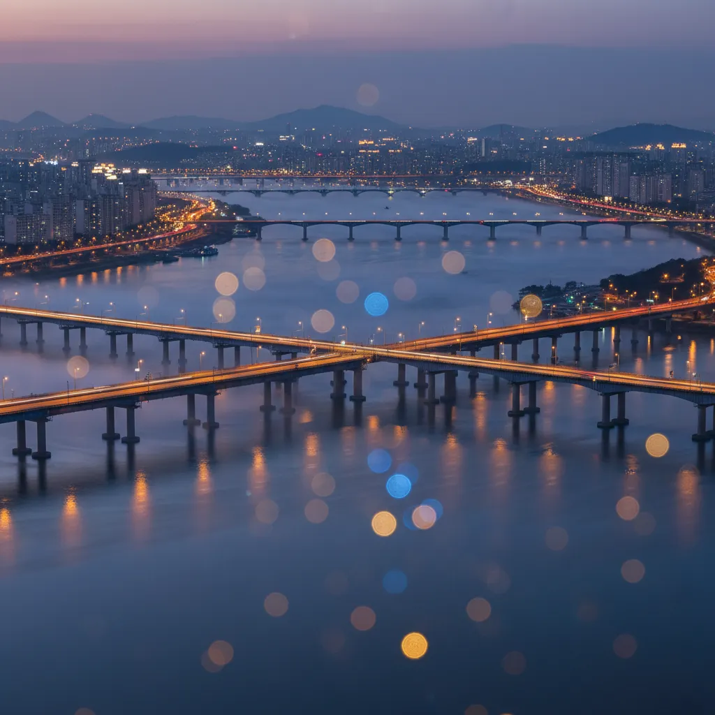 Nighttime view of Seoul's Han River with glowing bridges, reflecting the chart success and energetic vibe