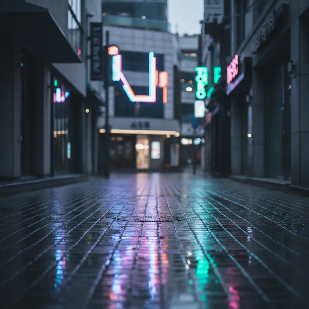 Empty rainy Seoul alley with neon reflections, conveying anticipation and rumor