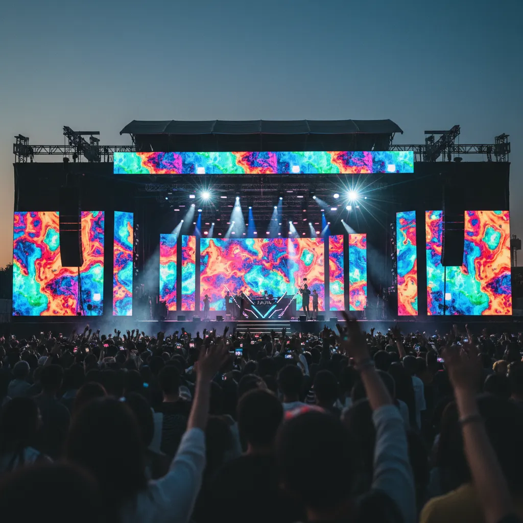 Festival stage with abstract lights and crowd silhouettes, conveying Stray Kids' festival headline slots