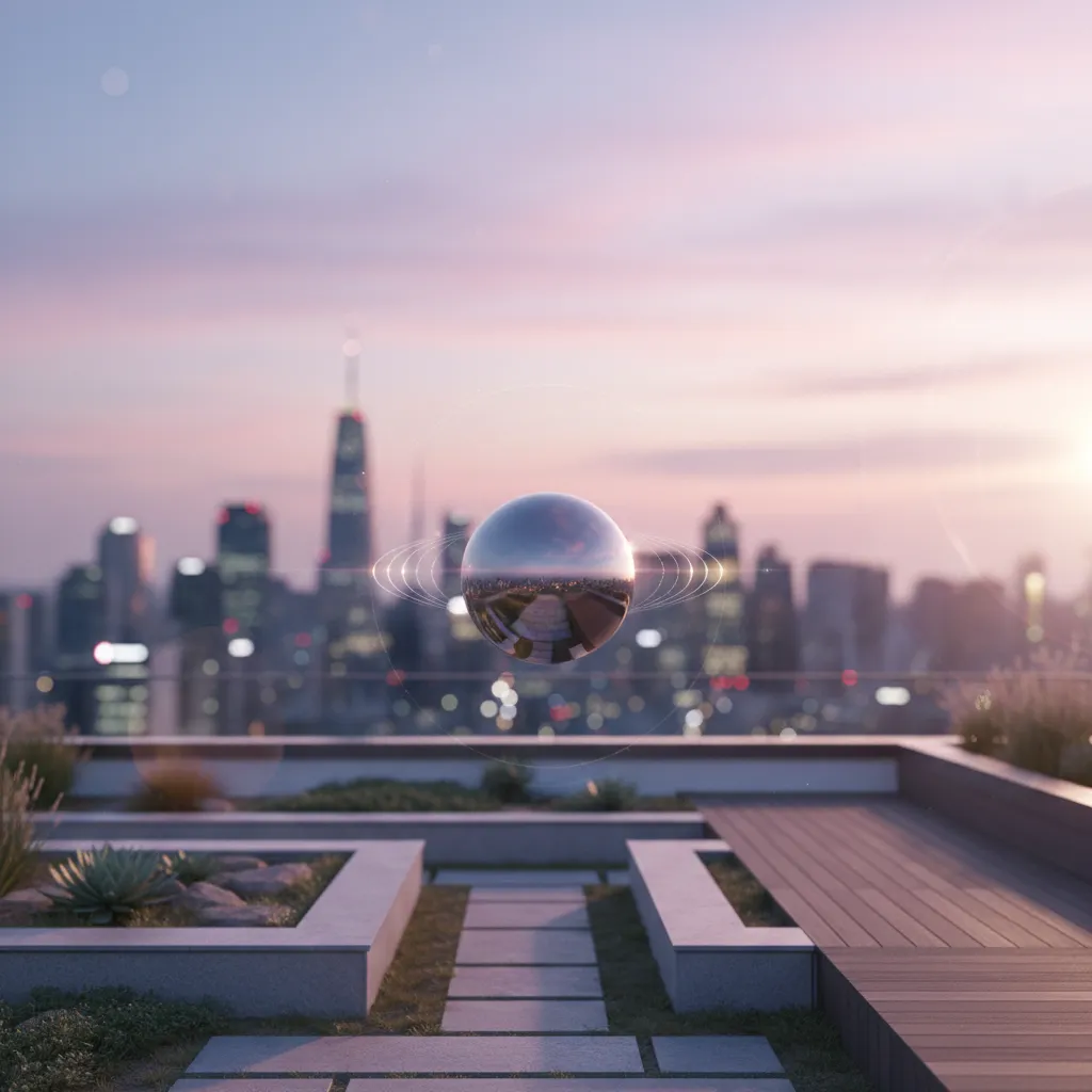 Quiet Seoul rooftop at dawn with a floating sphere and soft light, symbolizing new beginnings and magnetic energy
