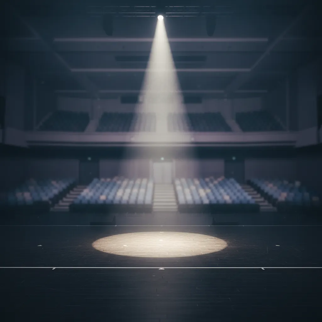Empty stage with spotlight, representing the upcoming return of NewJeans.