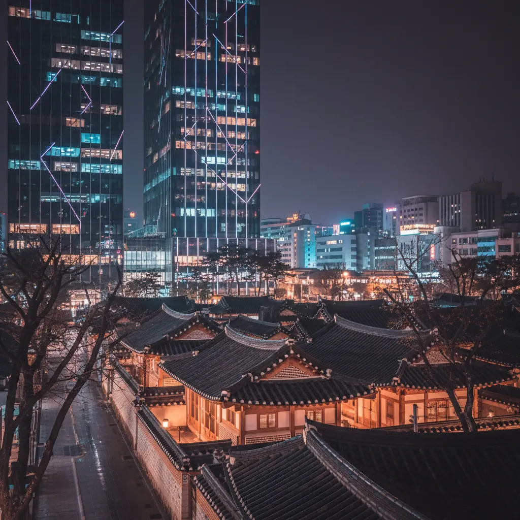 Seoul nightscape with modern buildings and traditional hanok roofs, reflecting the blend of K-culture and global fan excitement.