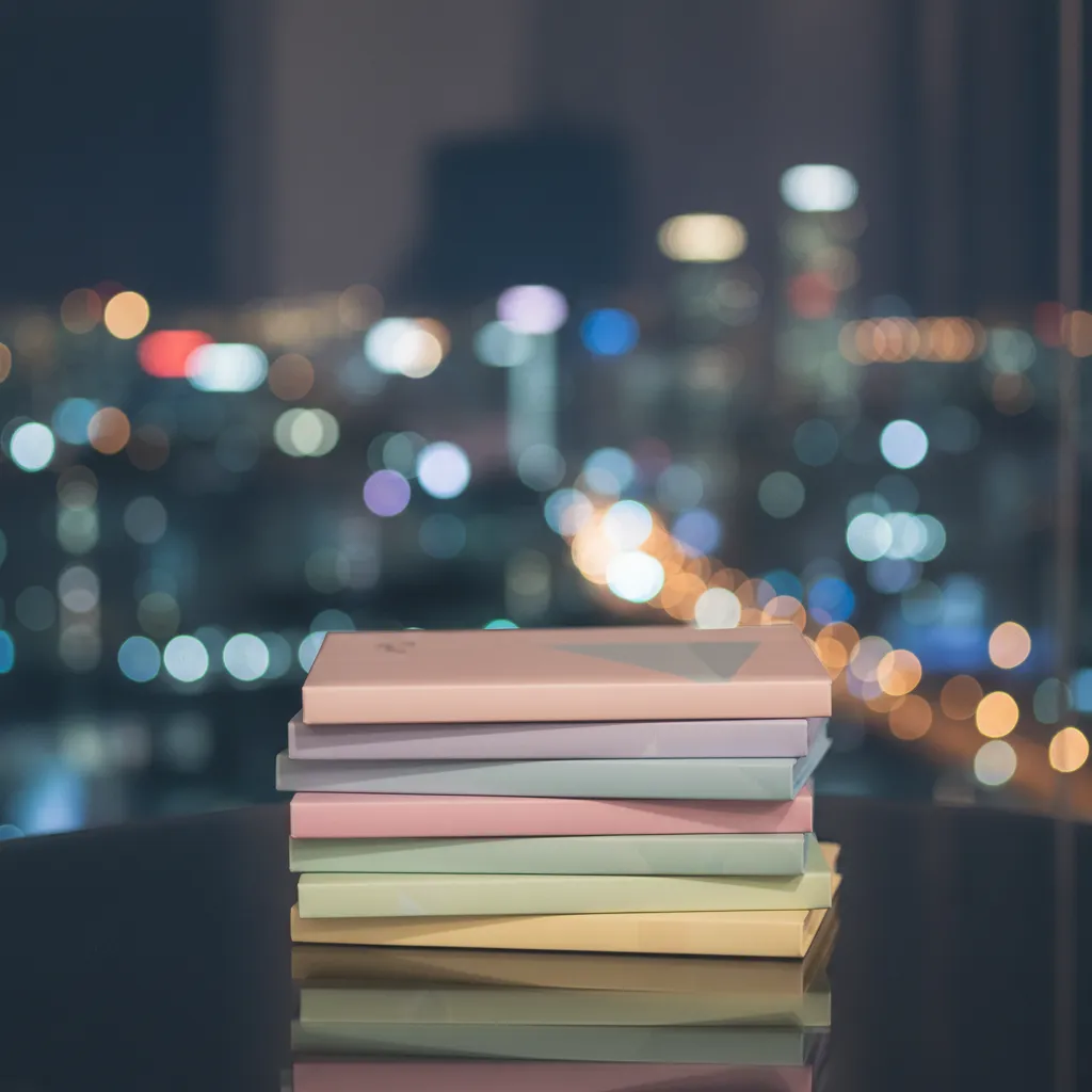 Stack of album copies with Seoul night lights bokeh