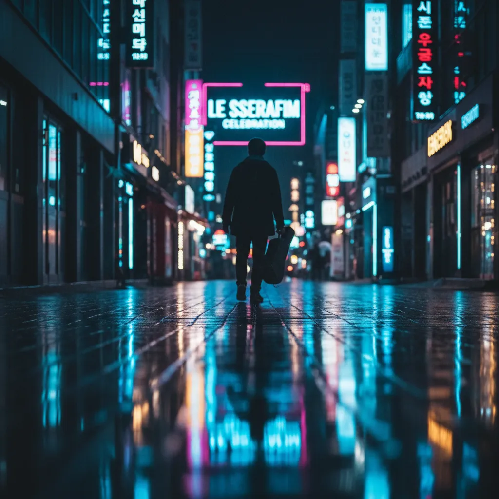 Rain‑slick Seoul street with neon reflections and a silhouette walking with a guitar case