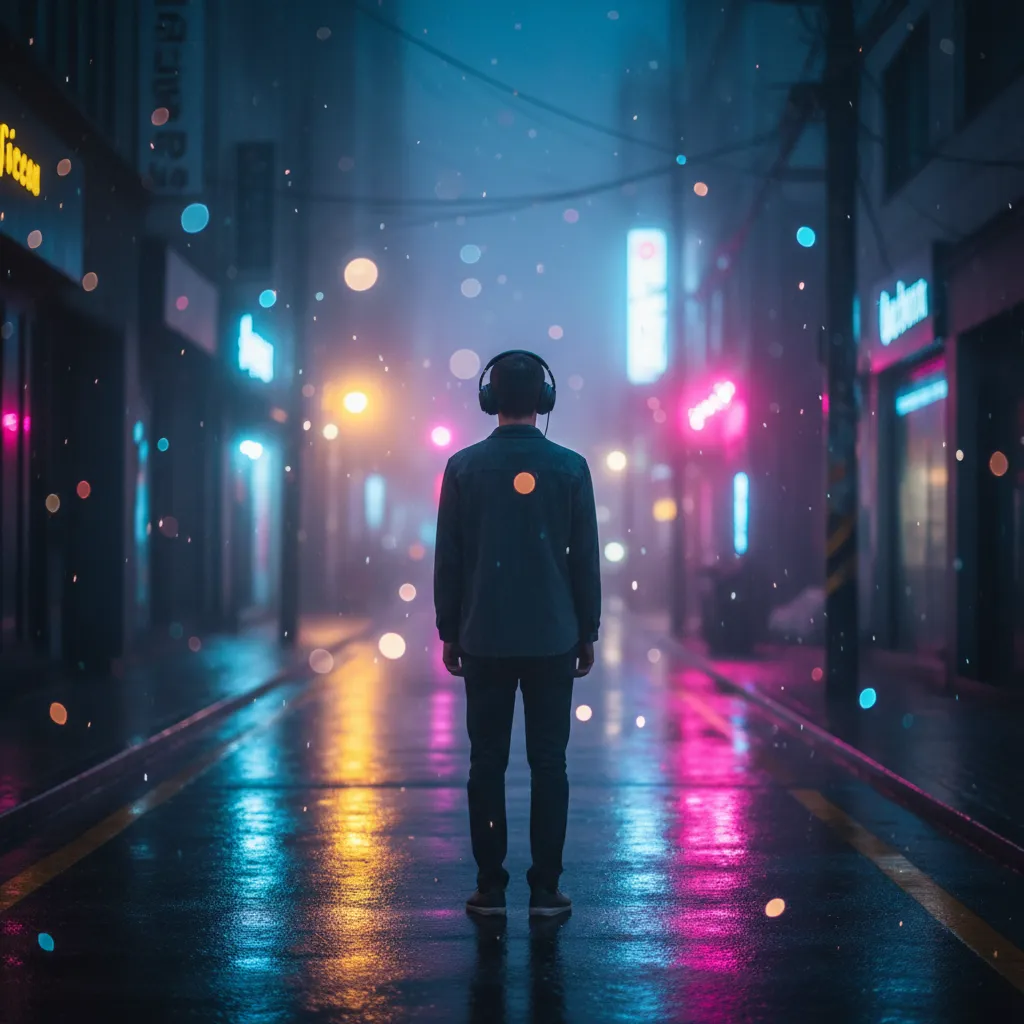Back view of a listener headphones in rainy Seoul alley, conveying global music reach