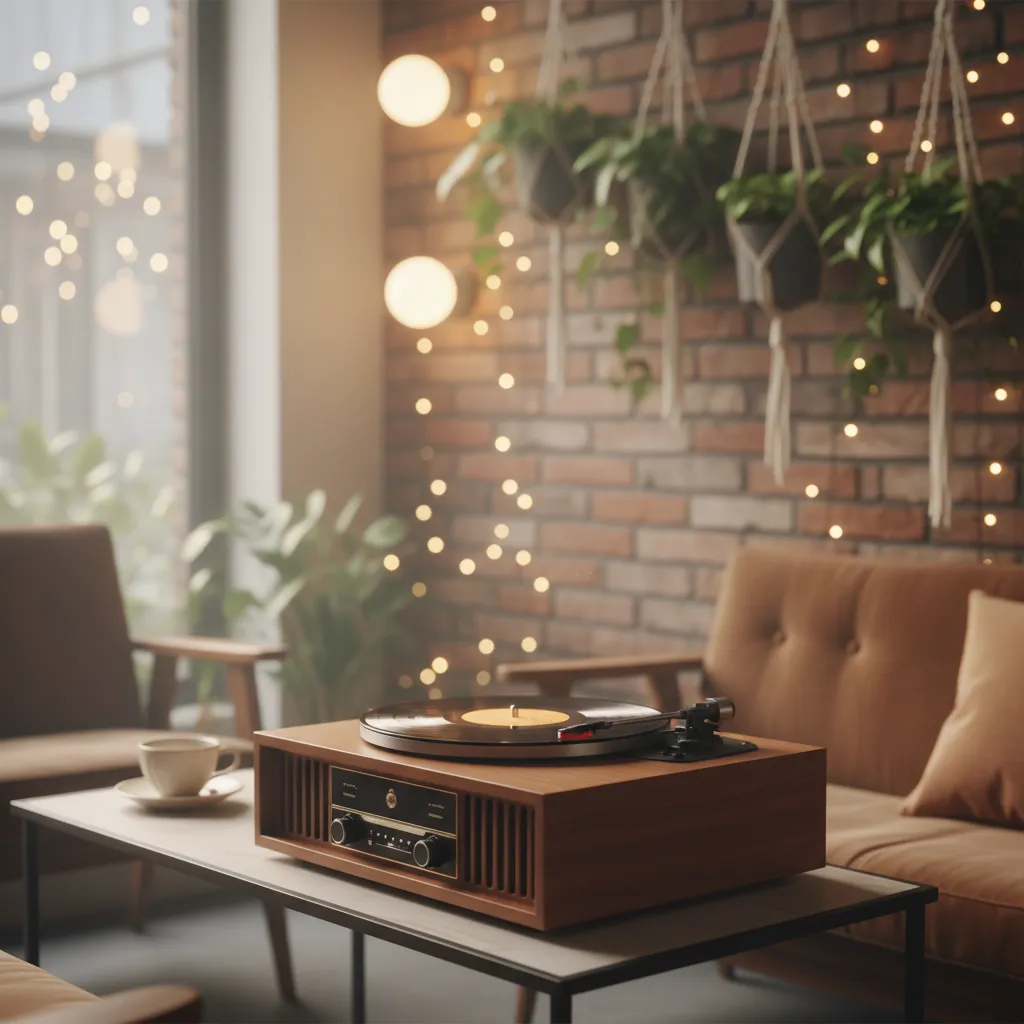 Vintage turntable playing vinyl in a cozy Seoul café