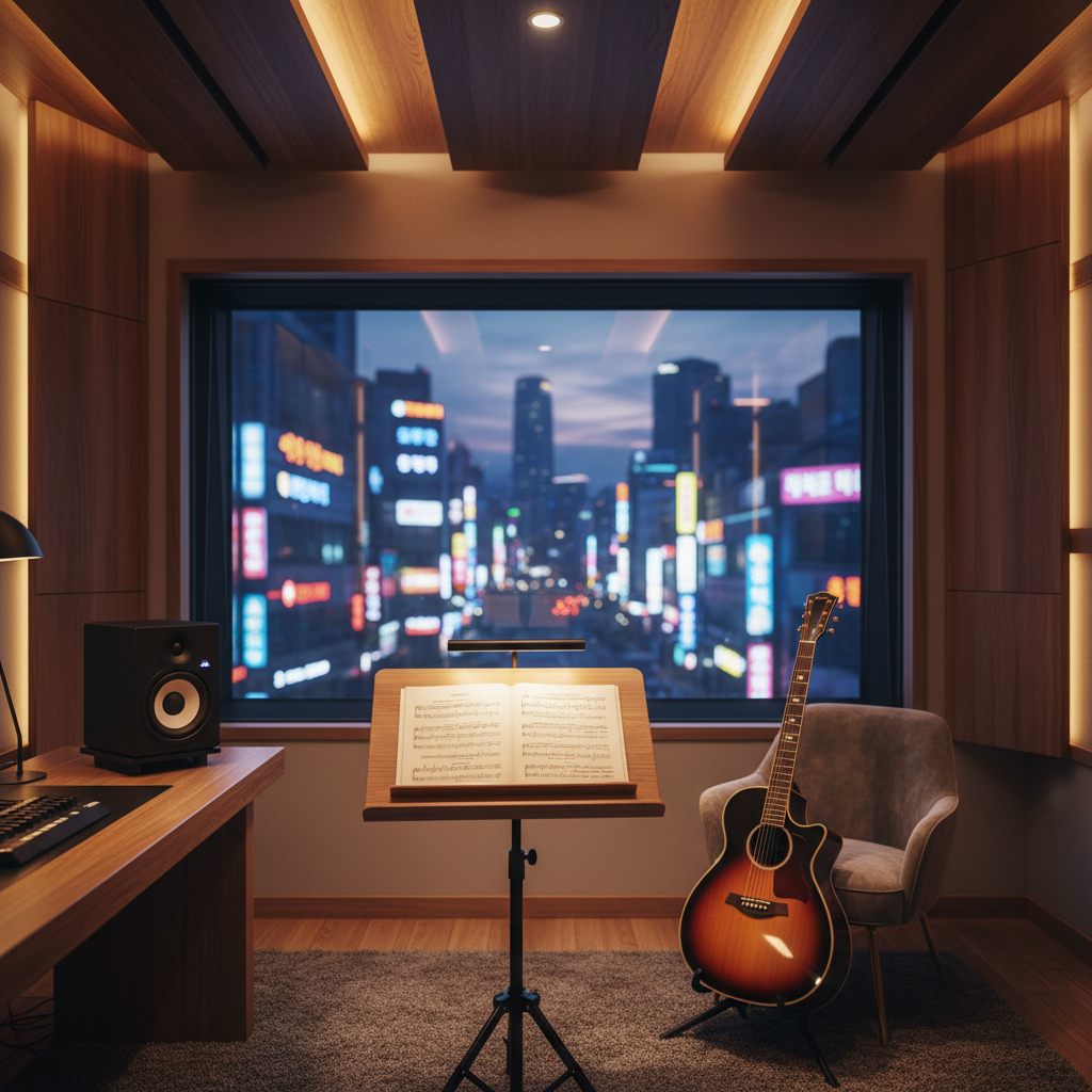 An empty, warmly lit recording studio at dusk with a blurred Seoul cityscape visible through the window.