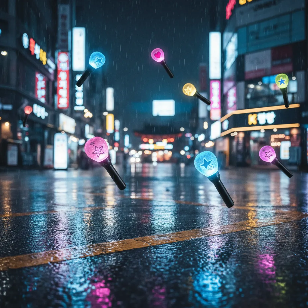Rainy Seoul street with neon reflections and light sticks, evoking K-pop comeback atmosphere