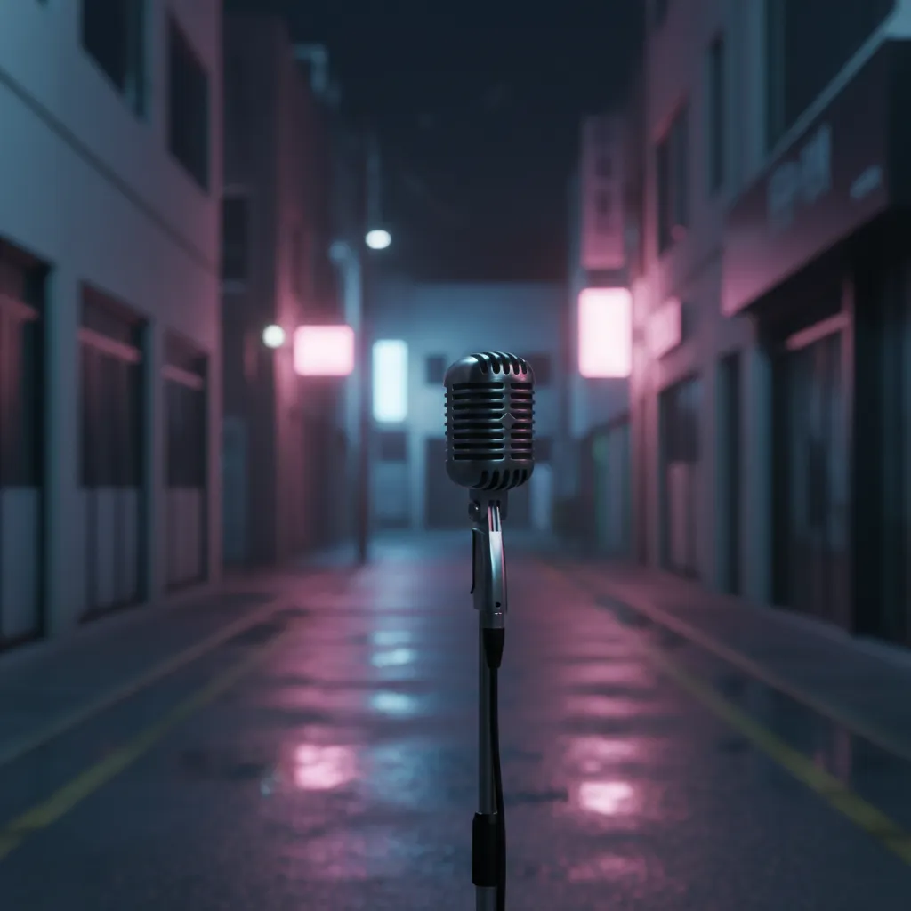 Quiet Seoul alley with neon lights and microphone stand, evoking anticipation for NewJeans' upcoming April comeback