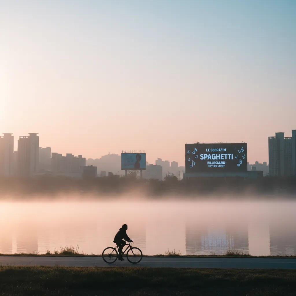 Morning Han River scene with a cyclist silhouette, representing the journey and rise