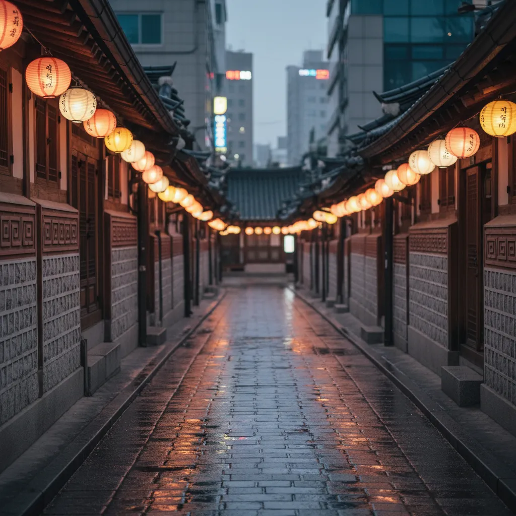Supporting mood photo of a serene Seoul alley at dusk, evoking the fresh bloom and artistic evolution theme