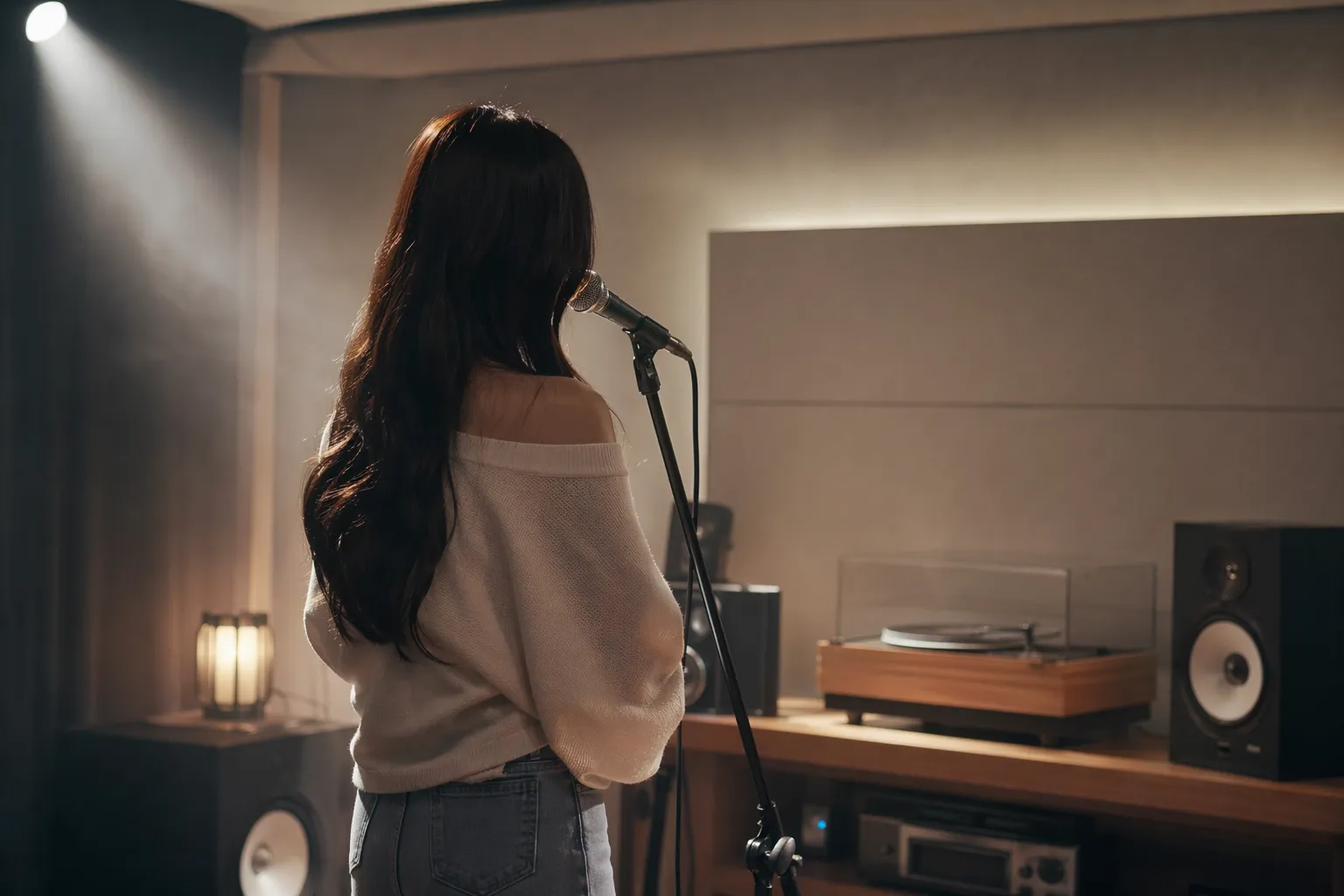 Faceless female vocalist rehearsing in a modern Seoul studio with vintage audio elements.