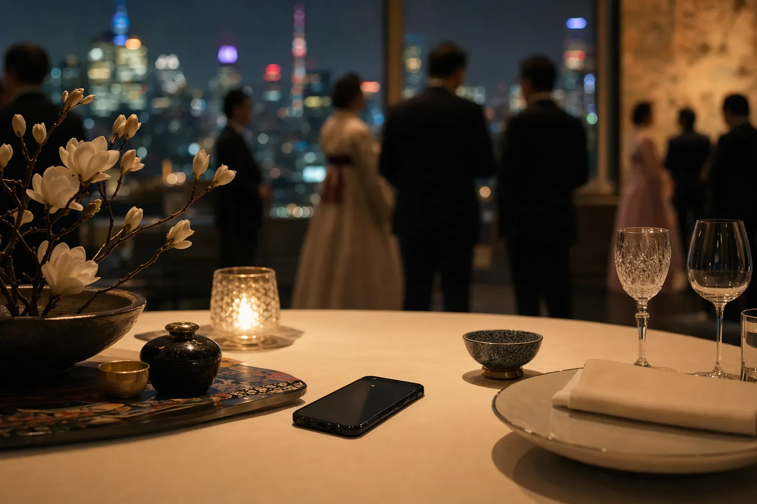 A Seoul night reception setting with a smartphone and formal diplomatic atmosphere representing K-culture diplomacy.