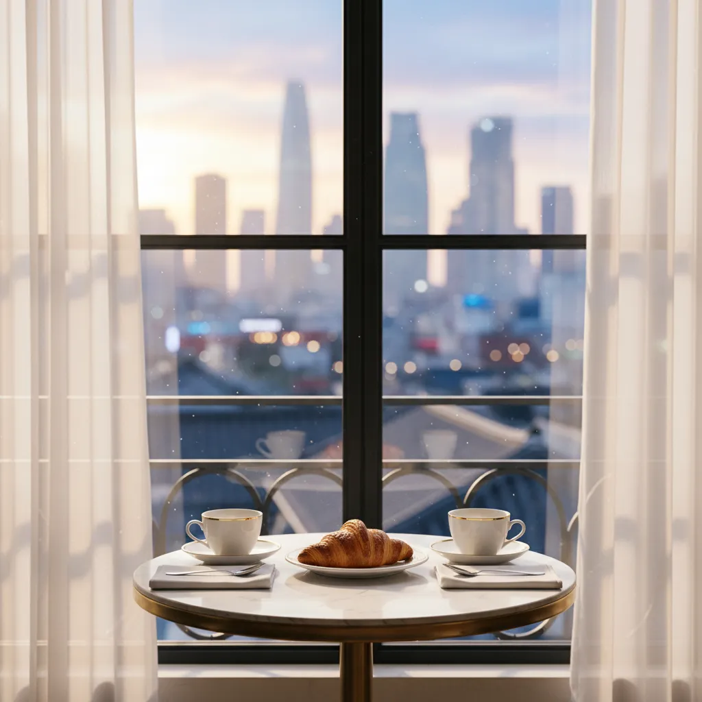 Empty café table for two, evoking confident romance and Parisian vibe for ILLIT's comeback