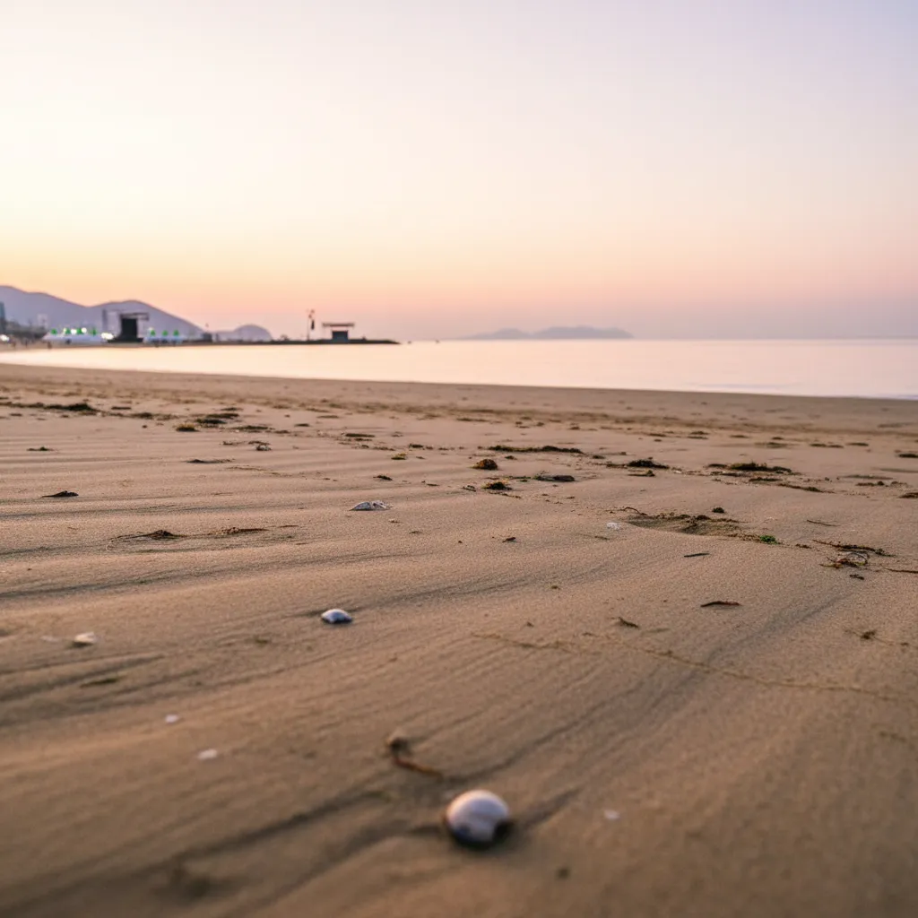 Early morning beach view with faint festival silhouettes under a pastel sunrise
