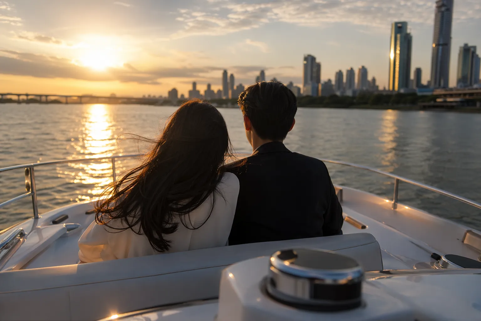 Faceless Korean drama couple on a yacht at golden hour with Seoul skyline in the background