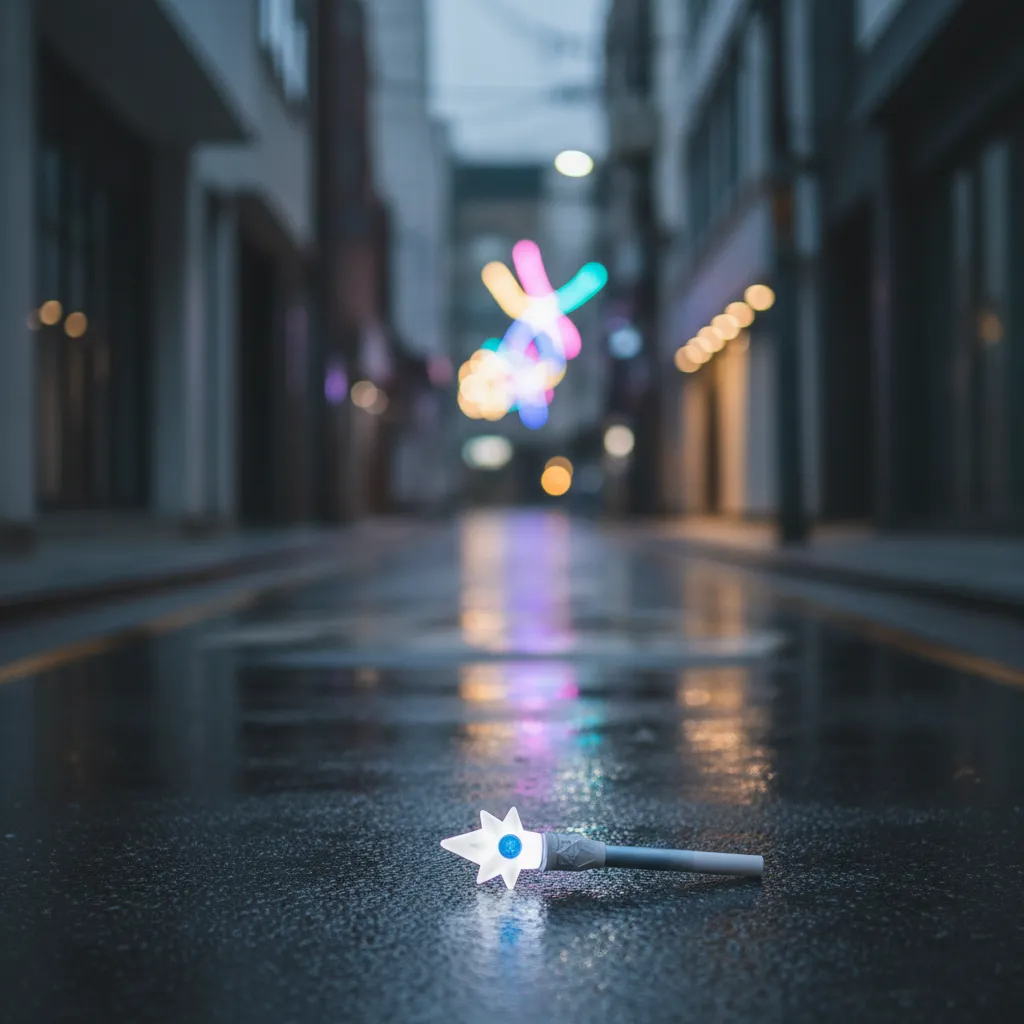 A K-pop light stick on a wet Seoul alley at dusk, reflecting neon lights, conveying ARMY-driven cultural impact