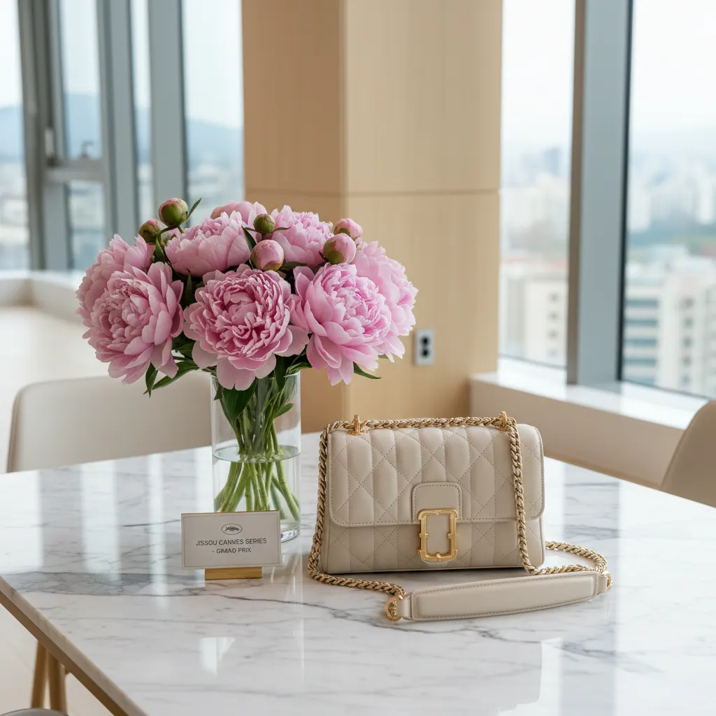 Aesthetic arrangement of luxury items and flowers reflecting a celebratory mood.