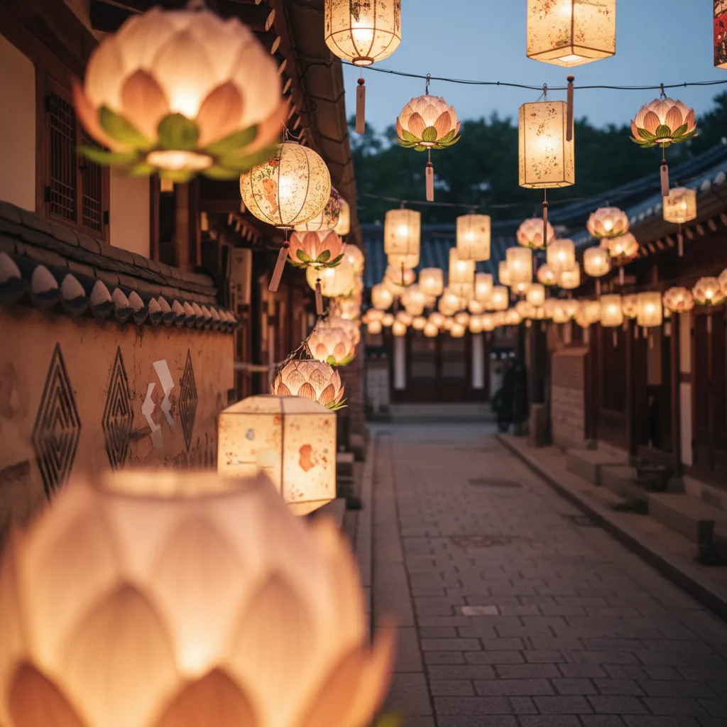 Evening lantern-lit street in Jeonju Hanok Village with subtle K-culture artistic touches