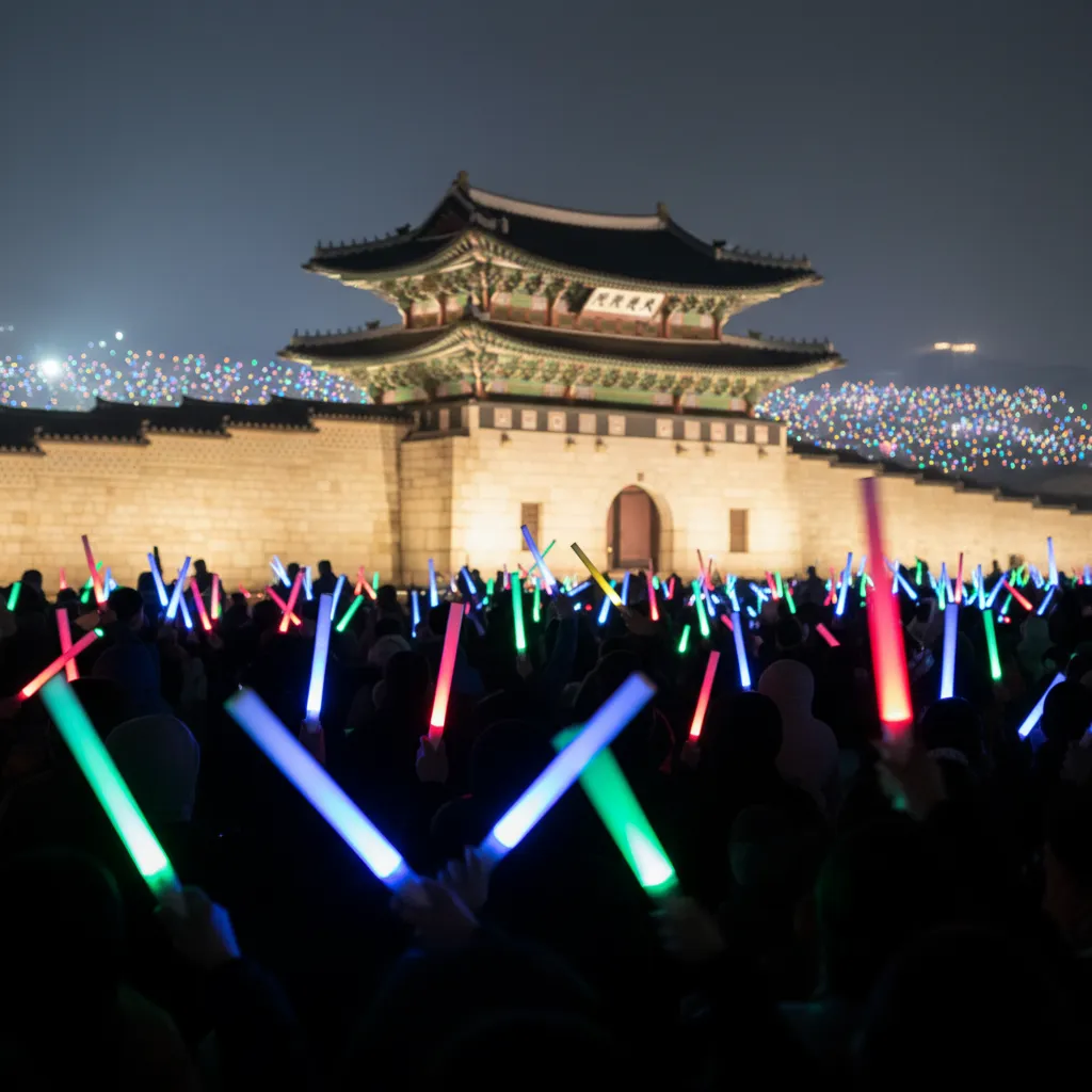 Silhouettes of festival-goers with light sticks against illuminated palace walls.