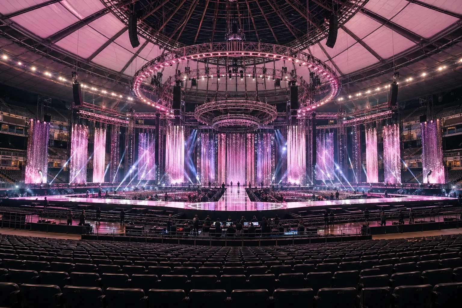 A large stadium stage is prepared with cinematic lighting for a major K-pop world tour show.