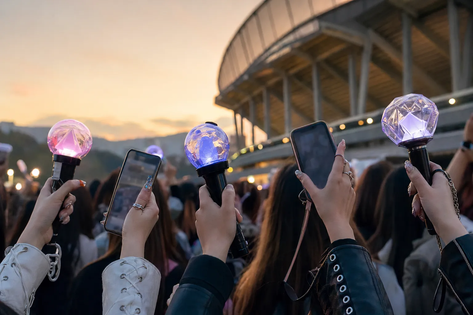 Fans with light sticks outside the Barcelona stadium for Music Bank Barcelona 2026